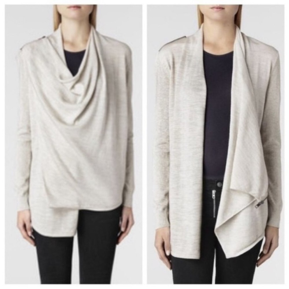 All Saints Drina Ribbed Asymmetrical Zipper Shoulder Merino Wool Cardigan Size M